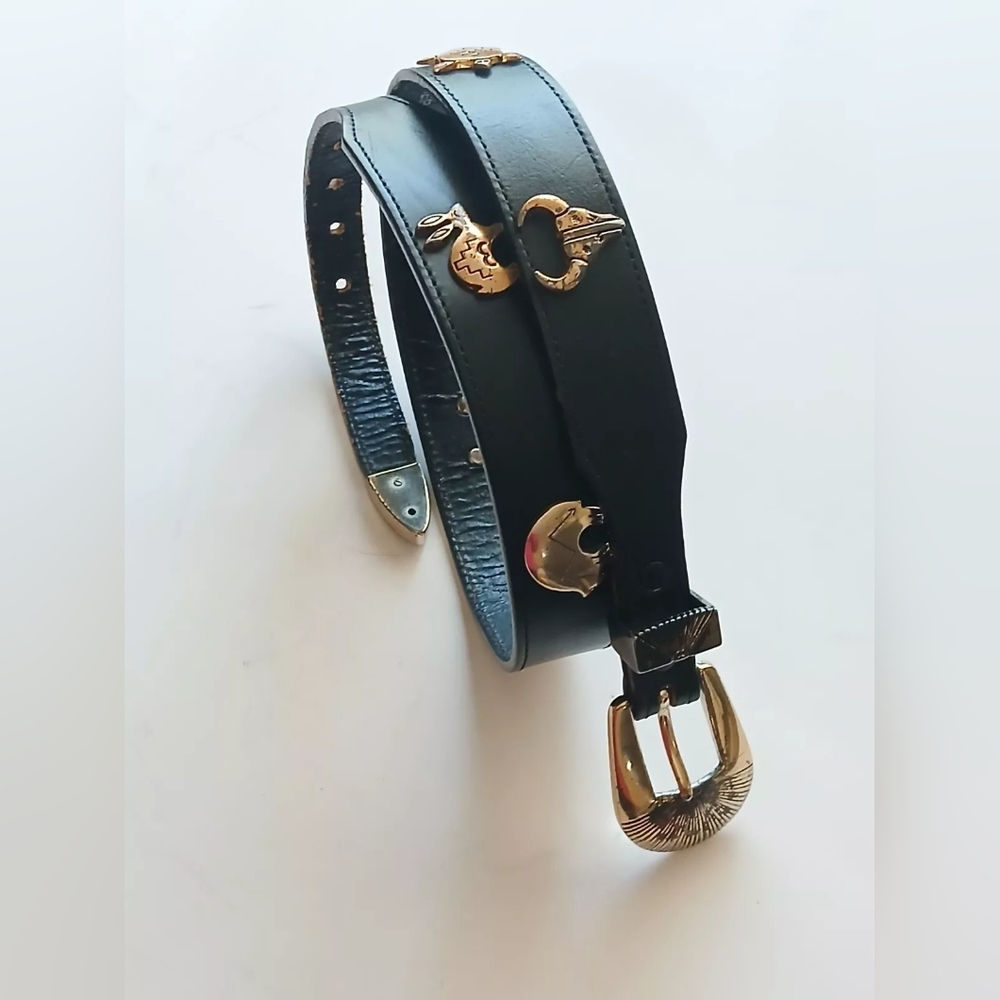 VTG Silver Creek Belt Sz 28 Black Leather Southwestern Metal Animals - Picture 3 of 12